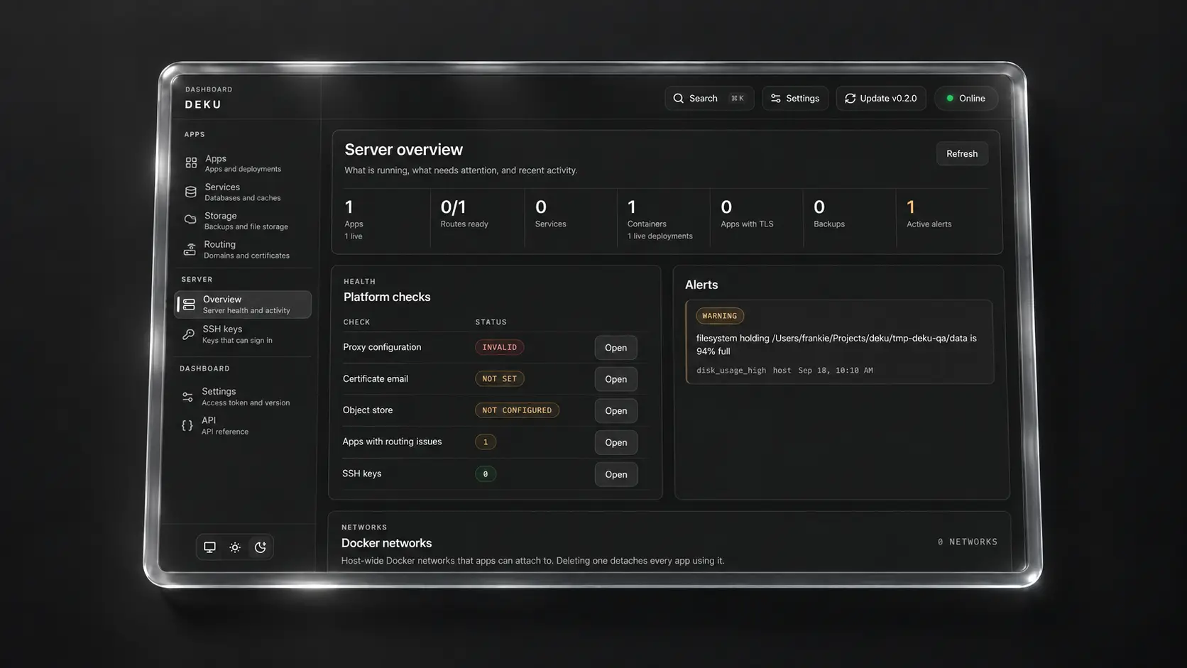 The Deku dashboard host overview, showing app status, routing, and recent activity.