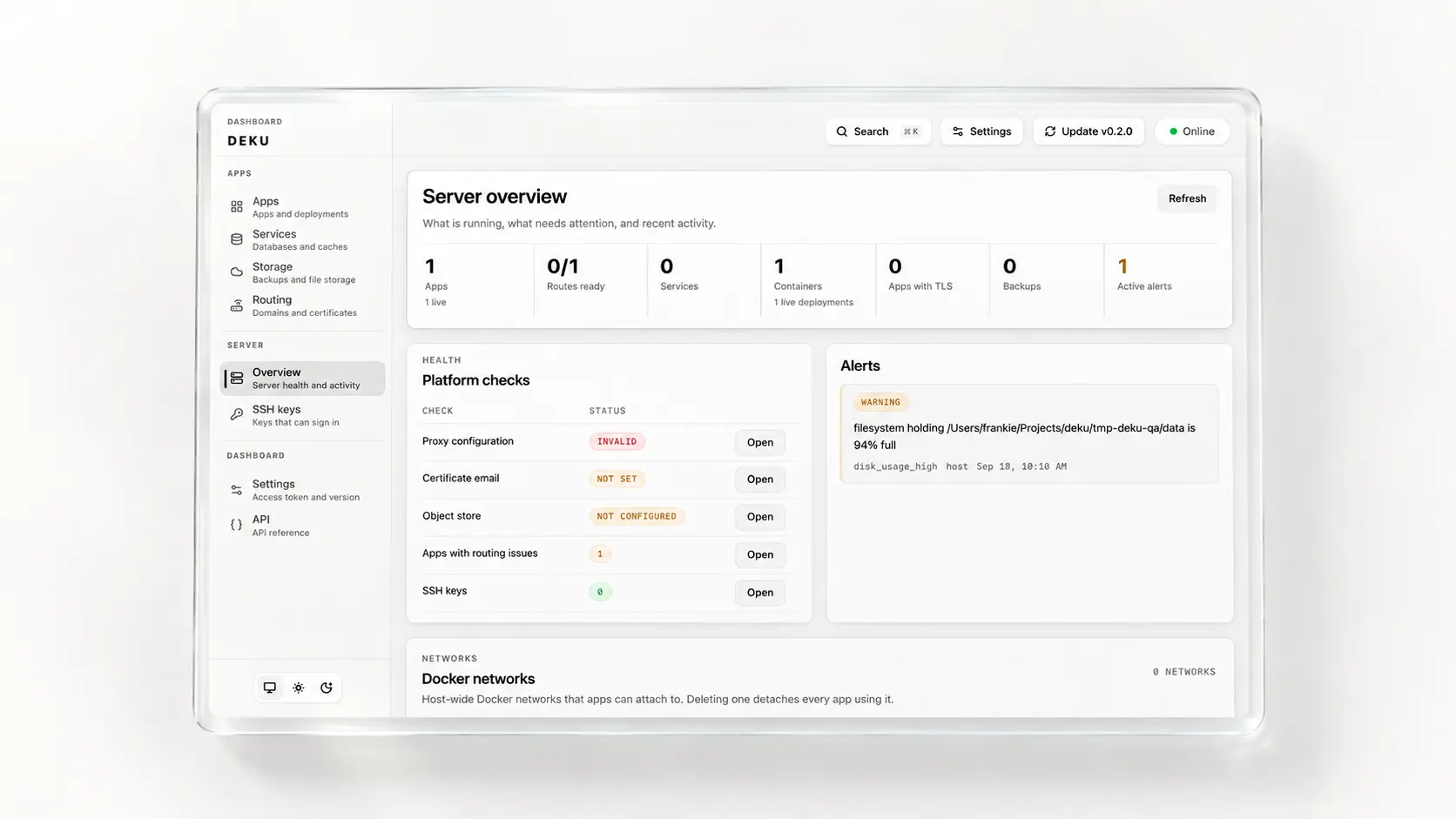 The Deku dashboard host overview, showing app status, routing, and recent activity.